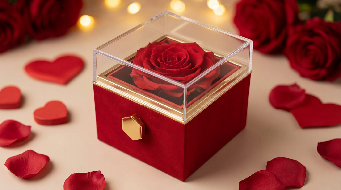 חבילת יום האהבה - אריזה רומנטית + ורד אדום + שרשרת בגוון זהב